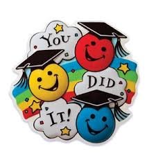 Red, yellow and blue smiley face emoji wearing graduation caps